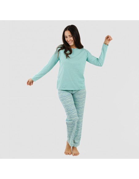 Pijama largo algodón Ola verde agua pijamas-largos-de-mujer