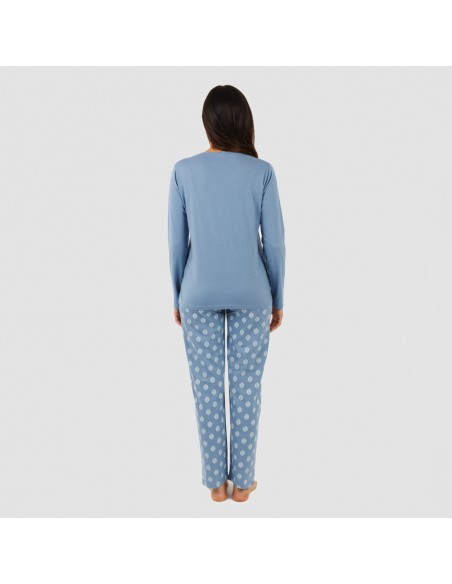 Pijama largo algodón Garbo azul añil pijamas-largos-de-mujer