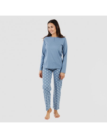 Pijama largo algodón Garbo azul añil pijamas-largos-de-mujer