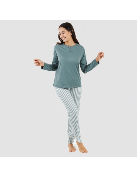 Pijama largo algodón Raya Anne verde azulado pijamas-largos-de-mujer