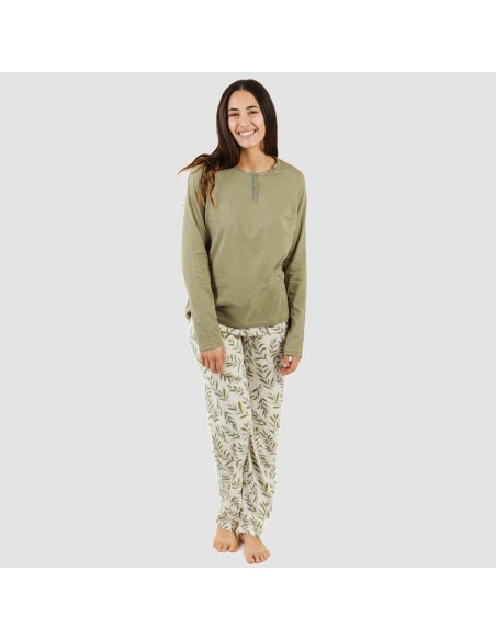 Pijama largo algodón Caliope verde caceria pijamas-largos-de-mujer