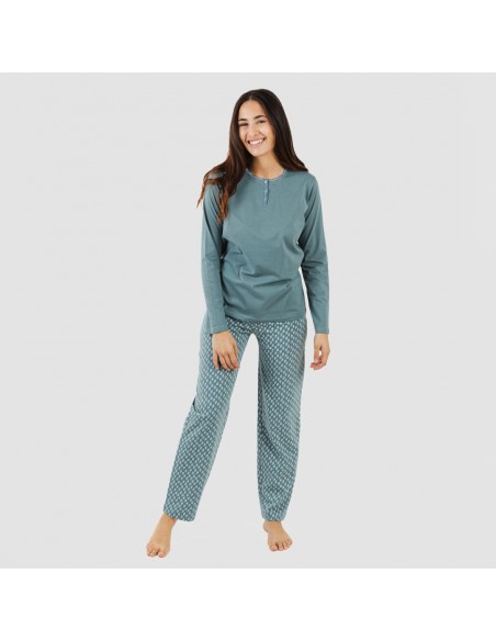 Pijama largo algodón Tiara verde azulado pijamas-largos-de-mujer