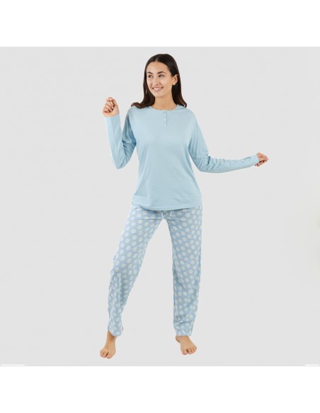 Pijama largo algodón Susan celeste pijamas-largos-de-mujer