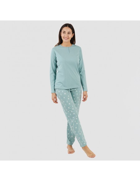 Pijama largo algodón Aaron verde azulado pijamas-largos-de-mujer