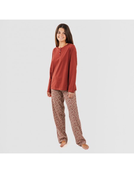 Pijama largo algodón Corinto teja pijamas-largos-de-mujer