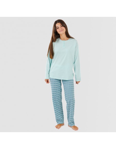 Pijama largo algodón Galieni verde azulado pijamas-largos-de-mujer