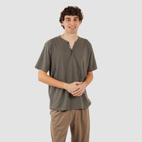Pijama largo hombre de manga corta con botón petroleo - marron pijamas-largos-hombre