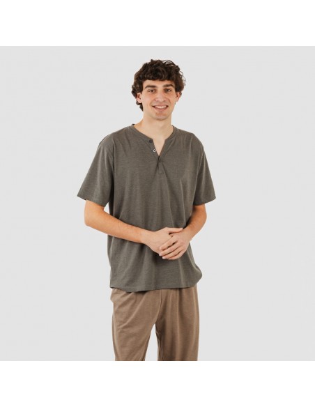 Pijama largo hombre de manga corta con botón petroleo - marron pijamas-largos-hombre