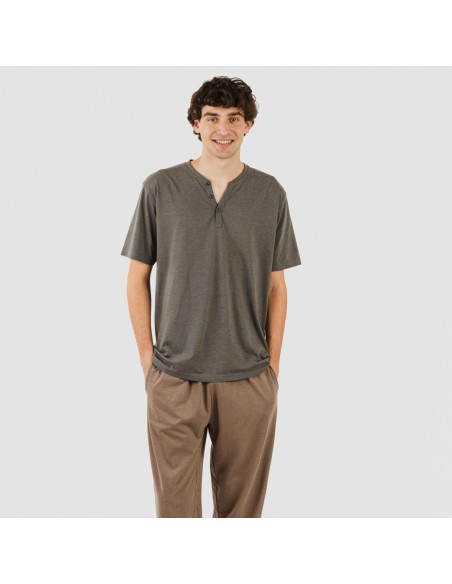 Pijama largo hombre de manga corta con botón petroleo - marron pijamas-largos-hombre