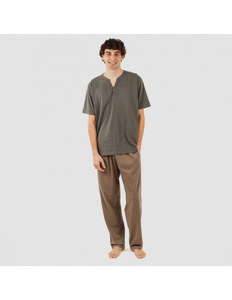 Pijama largo hombre de manga corta con botón petroleo - marron pijamas-largos-hombre