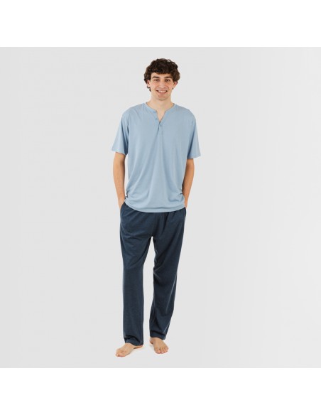 Pijama largo hombre de manga corta con boton indigo - marino pijamas-largos-hombre