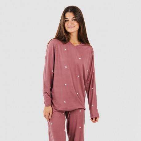 Pijama largo mujer soft Hearts malva rosa pijamas-largos-de-mujer