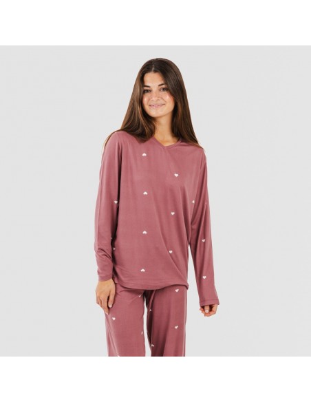 Pijama largo mujer soft Hearts malva rosa pijamas-largos-de-mujer