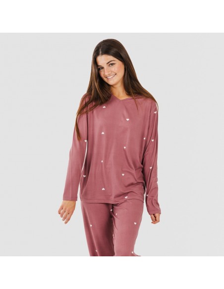 Pijama largo mujer soft Hearts malva rosa pijamas-largos-de-mujer