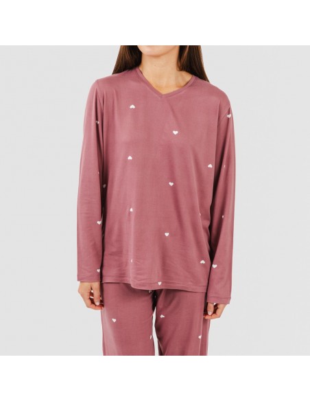 Pijama largo mujer soft Hearts malva rosa pijamas-largos-de-mujer