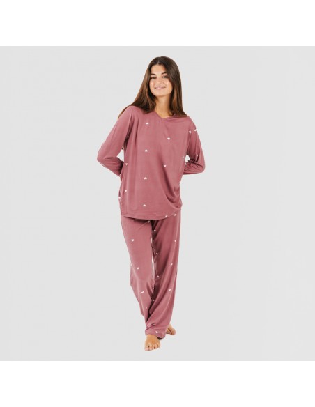 Pijama largo mujer soft Hearts malva rosa pijamas-largos-de-mujer