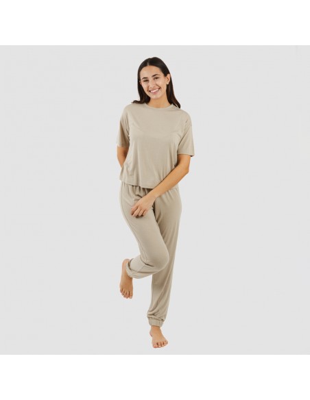 Pijama largo manga corta viscosa mujer liso pijamas-largos-de-mujer