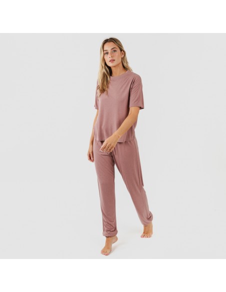 Pijama largo manga corta viscosa mujer liso pijamas-largos-de-mujer