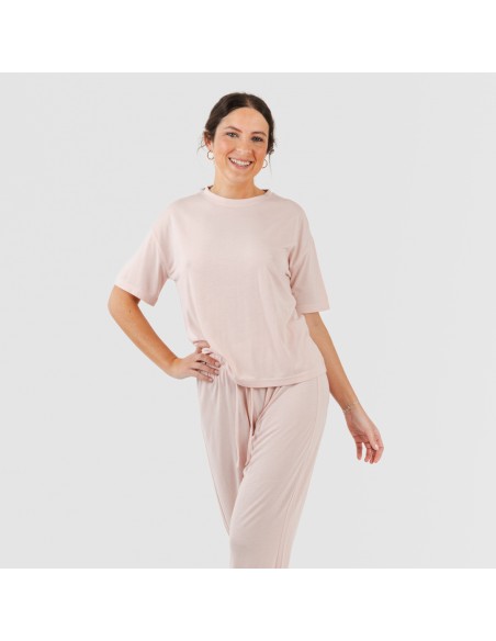 Pijama largo manga corta viscosa mujer liso pijamas-largos-de-mujer