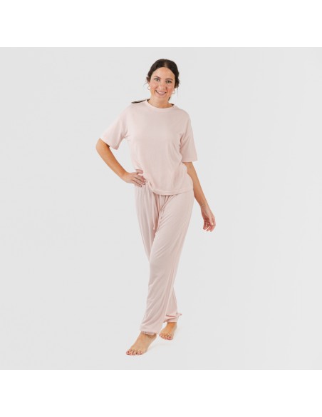 Pijama largo manga corta viscosa mujer liso pijamas-largos-de-mujer