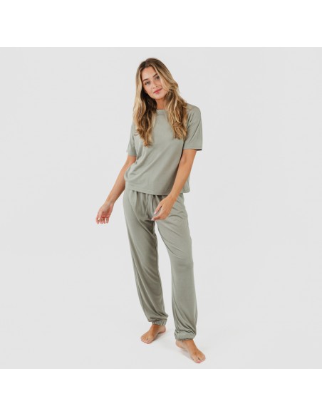 Pijama largo manga corta viscosa mujer liso pijamas-largos-de-mujer