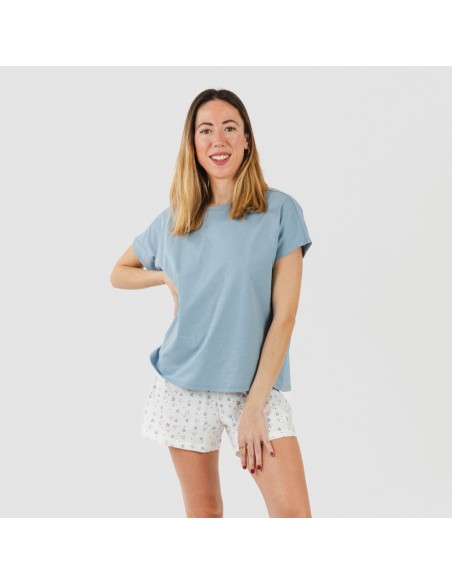 Pijama corto manga fluida algodón mujer Ines indigo pijamas-cortos-mujer