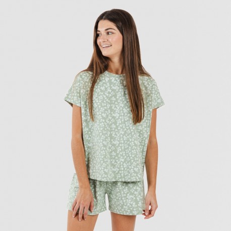 Pijama corto manga fluida algodón mujer Oniris verde caceria pijamas-cortos-mujer