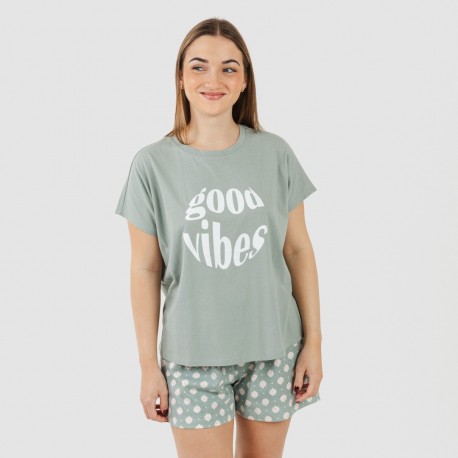 Pijama corto manga fluida algodón mujer Irati verde caceria pijamas-cortos-mujer