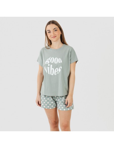 Pijama corto manga fluida algodón mujer Irati verde caceria pijamas-cortos-mujer