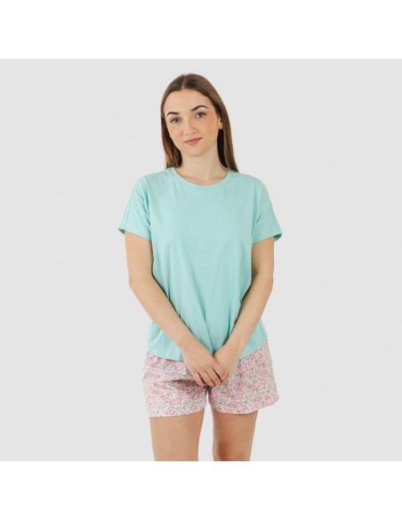 Pijama corto manga fluida algodón mujer Salima verde agua pijamas-cortos-mujer