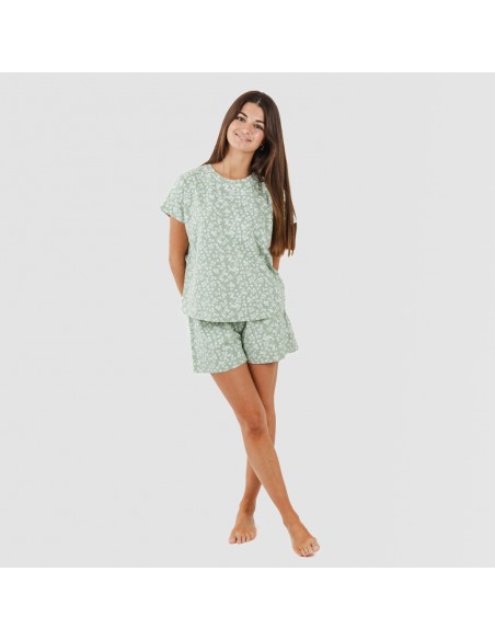 Pijama corto manga fluida algodón mujer Oniris verde caceria pijamas-cortos-mujer