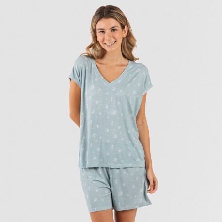 Pijama corto manga fluida viscosa mujer Adriane verde agua pijamas-cortos-mujer