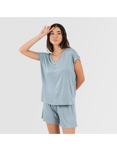 Pijama corto manga fluida viscosa mujer liso pijamas-cortos-mujer