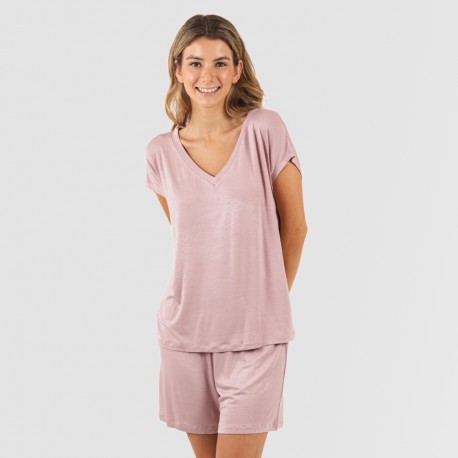 Pijama corto manga fluida viscosa mujer liso pijamas-cortos-mujer