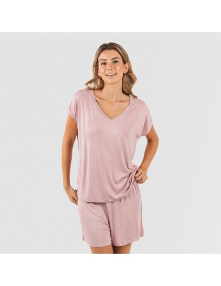 Pijama corto manga fluida viscosa mujer liso pijamas-cortos-mujer