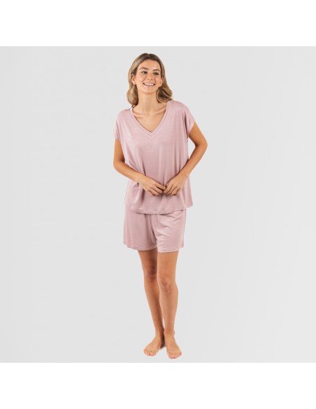 Pijama corto manga fluida viscosa mujer liso pijamas-cortos-mujer