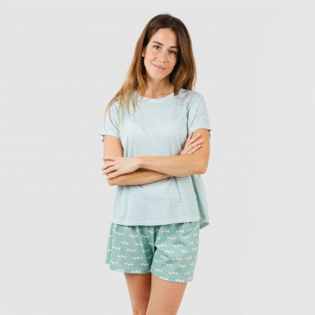 Pijama corto manga fluida algodón mujer Ponder verde azulado pijamas-cortos-mujer