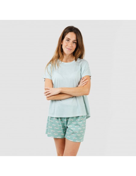 Pijama corto manga fluida algodón mujer Ponder verde azulado pijamas-cortos-mujer