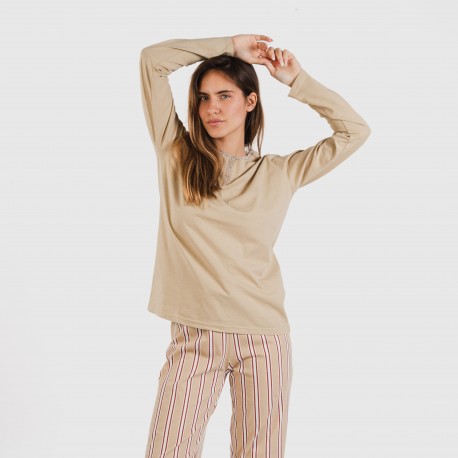 Pijama largo algodón Raya Ico arena pijamas-largos-de-mujer