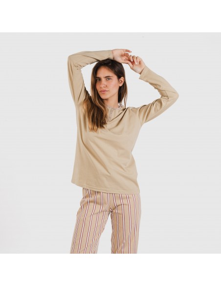 Pijama largo algodón Raya Ico arena pijamas-largos-de-mujer