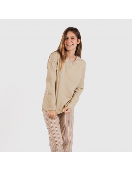 Pijama largo algodón Raya Ico arena pijamas-largos-de-mujer