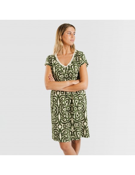 Vestido corto manga fluida crepe Premura verde caceria vestidos-y-blusones-mujer