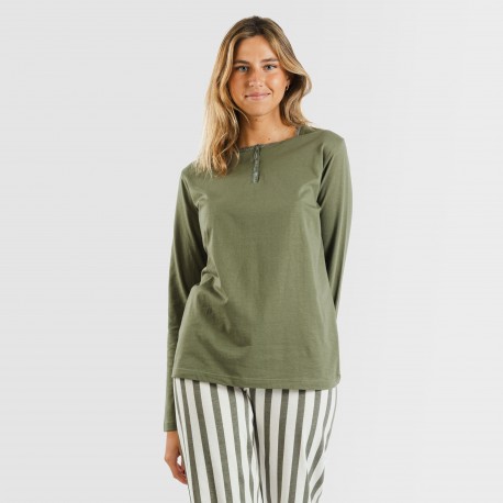 Pijama largo algodón Raya Avilés verde caceria pijamas-largos-de-mujer