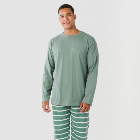 Pijama largo algodón hombre Raya Sailor verde francés pijamas-largos-hombre