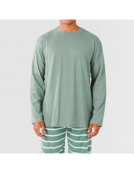 Pijama largo algodón hombre Raya Sailor verde francés pijamas-largos-hombre