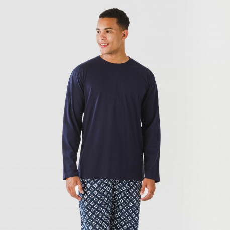 Pijama largo algodón hombre Checo azul marino pijamas-largos-hombre