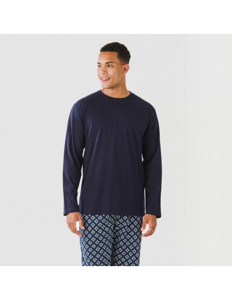 Pijama largo algodón hombre Checo azul marino pijamas-largos-hombre