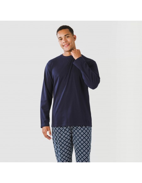 Pijama largo algodón hombre Checo azul marino pijamas-largos-hombre