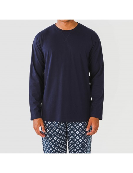 Pijama largo algodón hombre Checo azul marino pijamas-largos-hombre