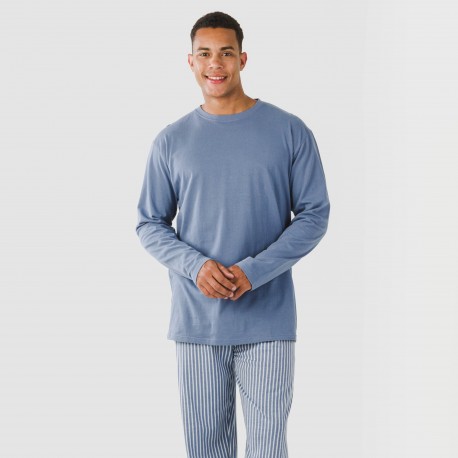 Pijama largo algodón hombre Raya Linares azul pijamas-largos-hombre